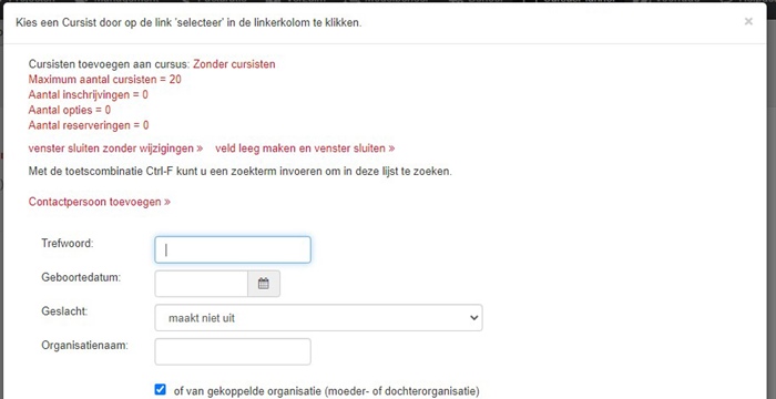 Extra filter bij toevoegen inschrijvingen
